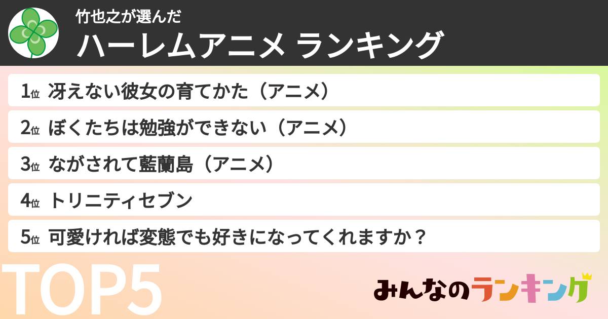 竹也之さんの「ハーレムアニメ ランキング」