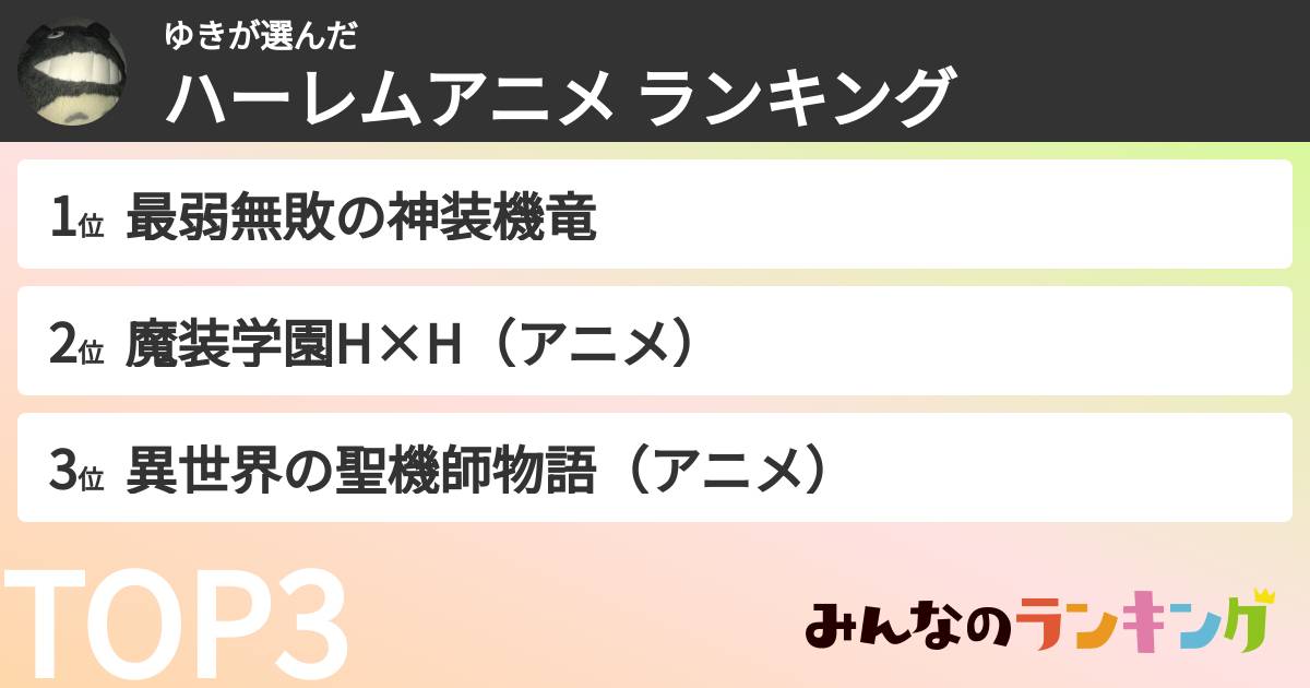 ゆきさんの「ハーレムアニメ ランキング」