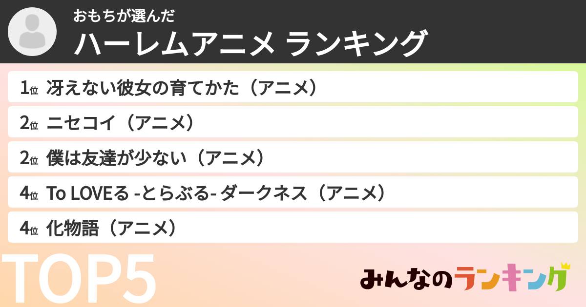 おもちさんの「ハーレムアニメ ランキング」