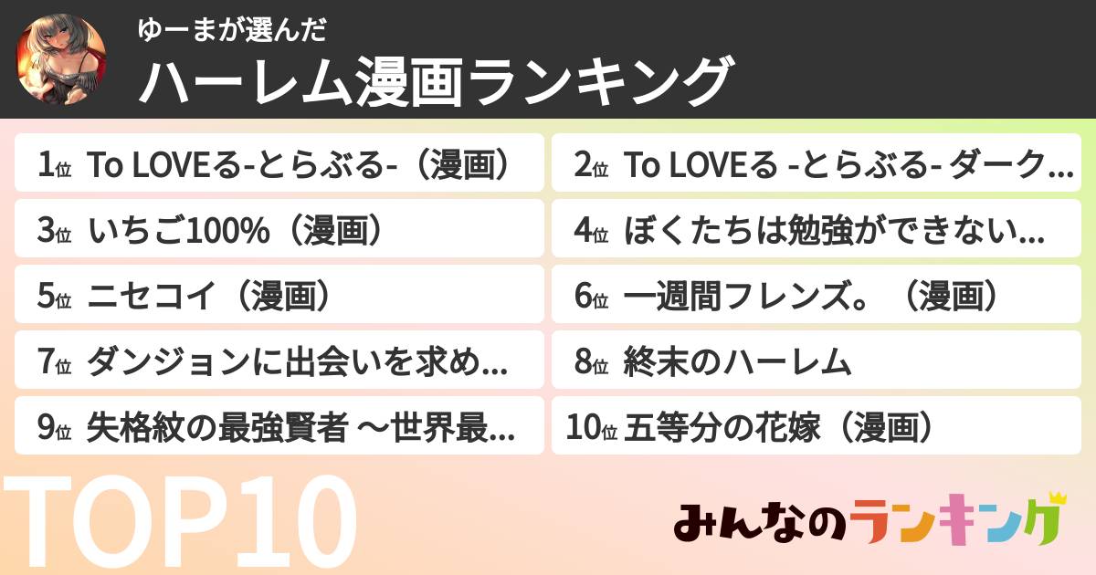 ゆーまさんの「ハーレム漫画ランキング」
