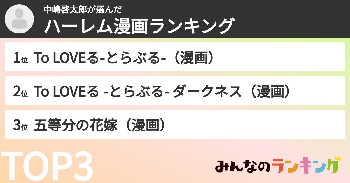 中嶋啓太郎さんの「ハーレム漫画ランキング」