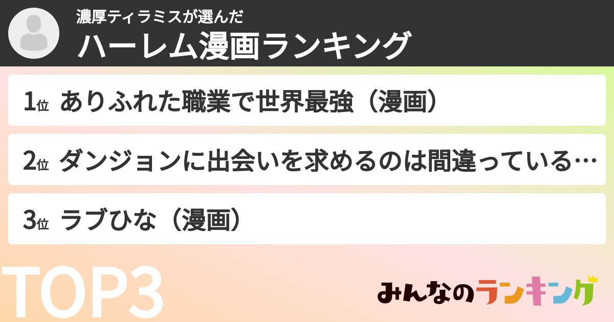濃厚ティラミスさんの「ハーレム漫画ランキング」