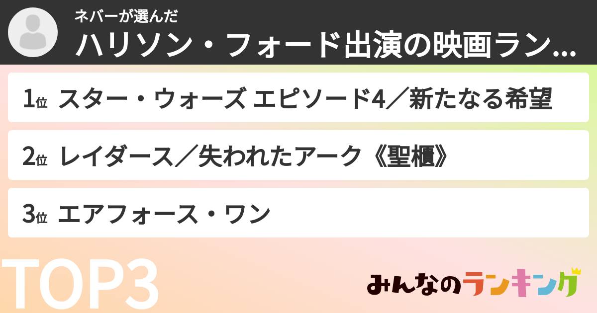 ネバーさんの「ハリソン・フォード出演の映画ランキング」