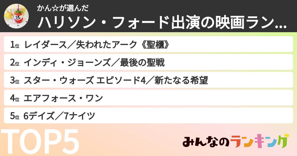 かん☆さんの「ハリソン・フォード出演の映画ランキング」