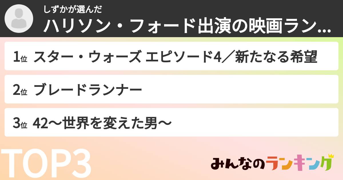 しずかさんの「ハリソン・フォード出演の映画ランキング」