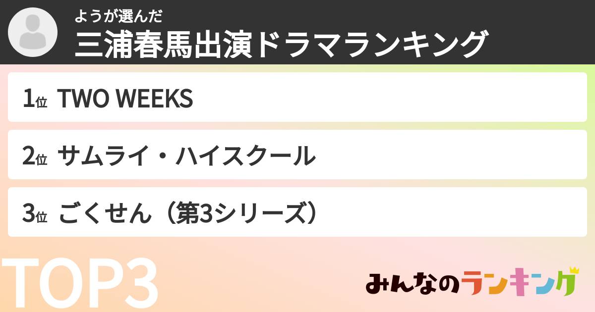 ようさんの「三浦春馬出演ドラマランキング」