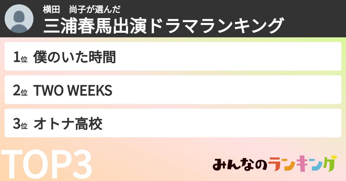 横田　尚子さんの「三浦春馬出演ドラマランキング」