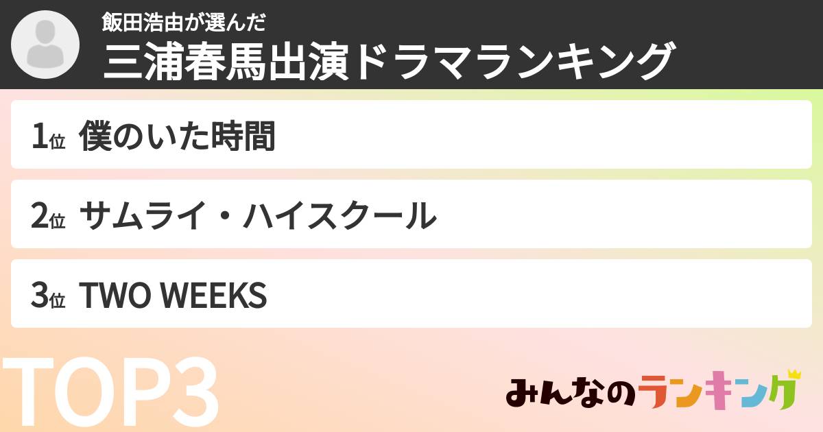 飯田浩由さんの「三浦春馬出演ドラマランキング」