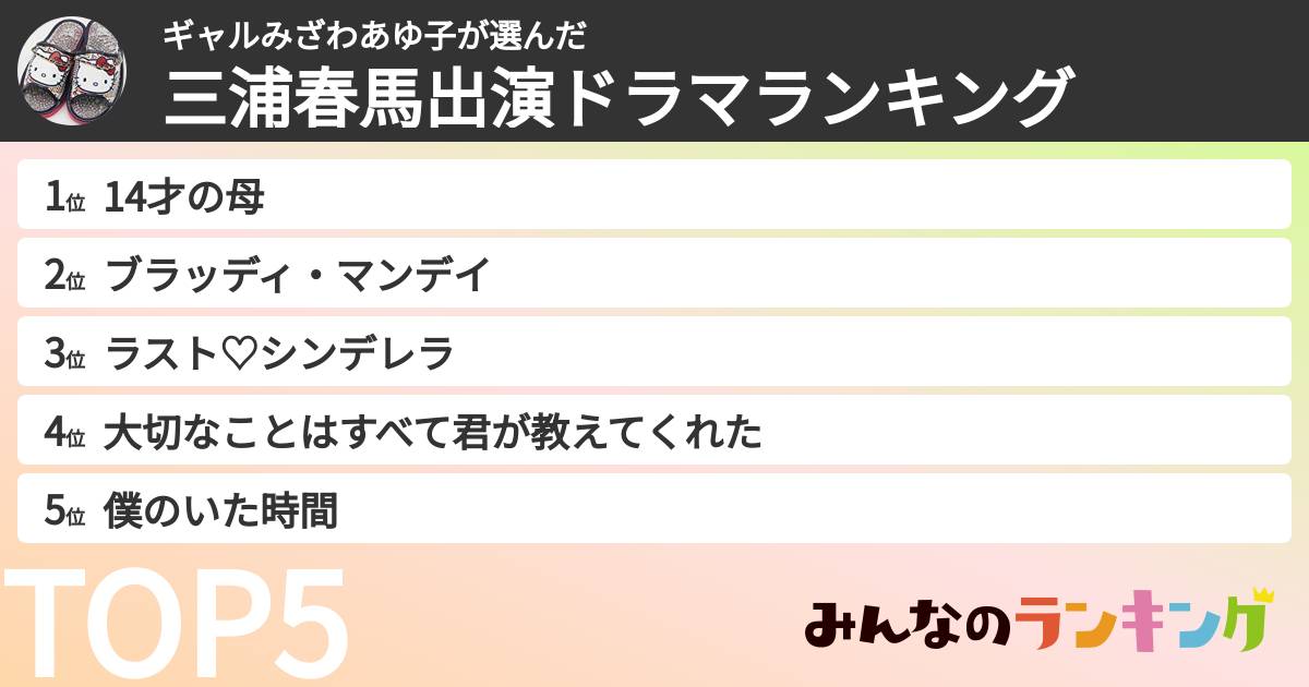ギャルみざわあゆ子さんの「三浦春馬出演ドラマランキング」