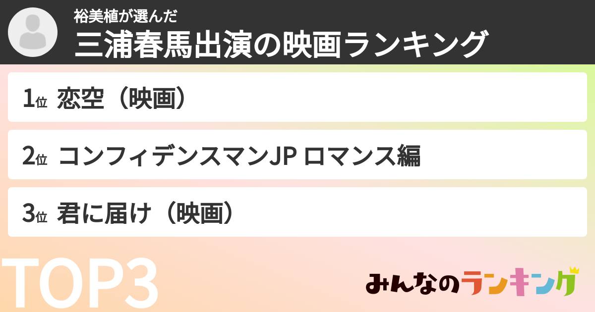 裕美植さんの「三浦春馬出演の映画ランキング」