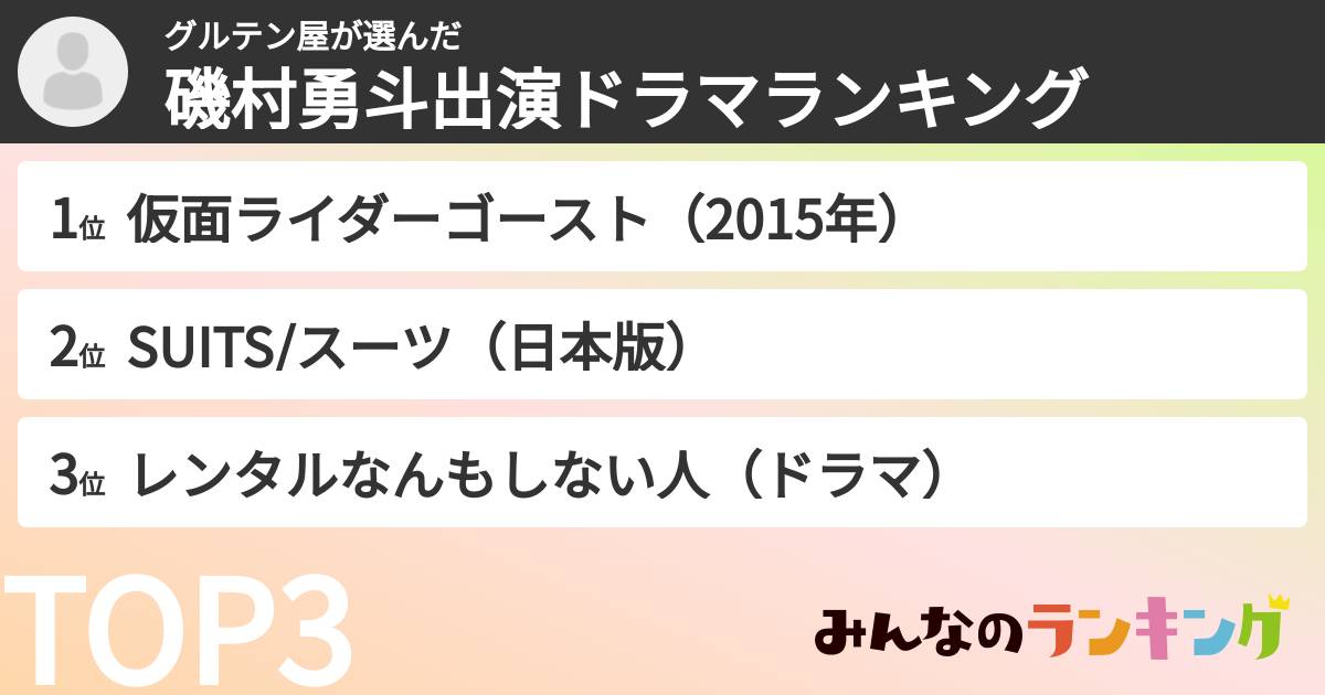 グルテン屋さんの「磯村勇斗出演ドラマランキング」