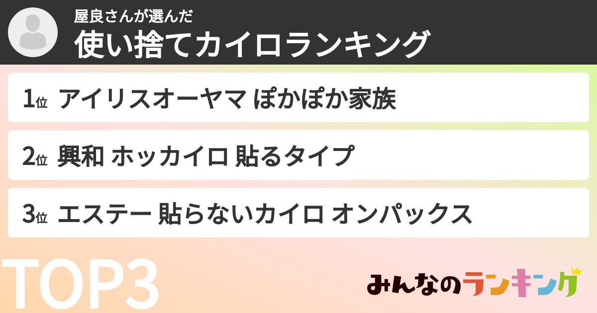 屋良さんさんの「使い捨てカイロランキング」