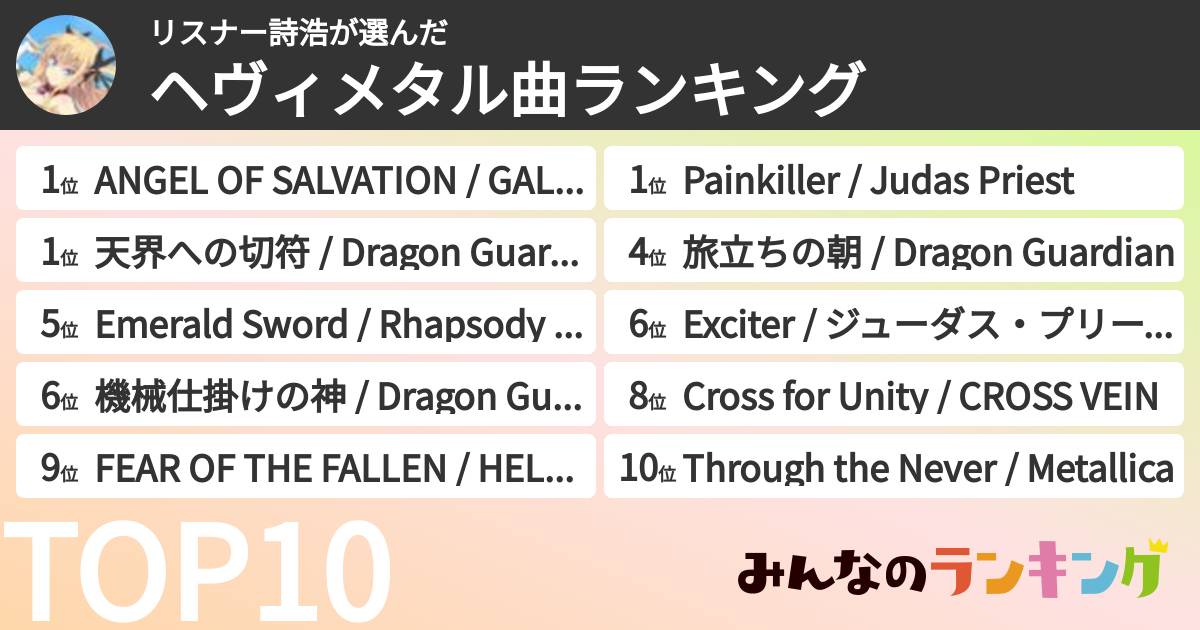 リスナー詩浩さんの「ヘヴィメタル曲ランキング」