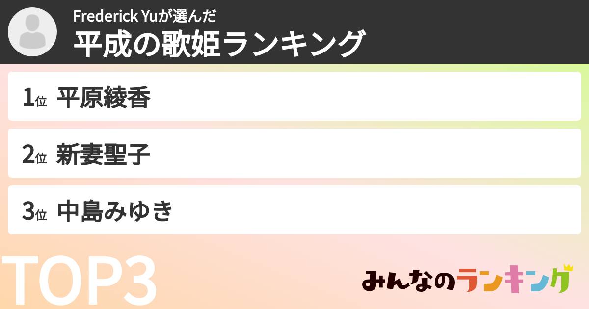 Frederick Yuさんの「平成の歌姫ランキング」