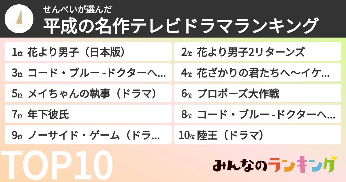 せんべいさんの「平成の名作テレビドラマランキング」
