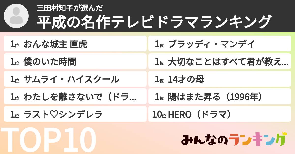 三田村知子さんの「平成の名作テレビドラマランキング」