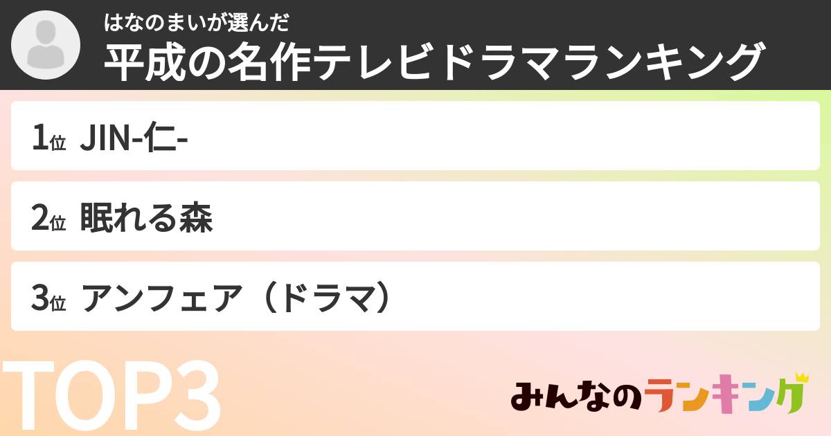 はなのまいさんの「平成の名作テレビドラマランキング」