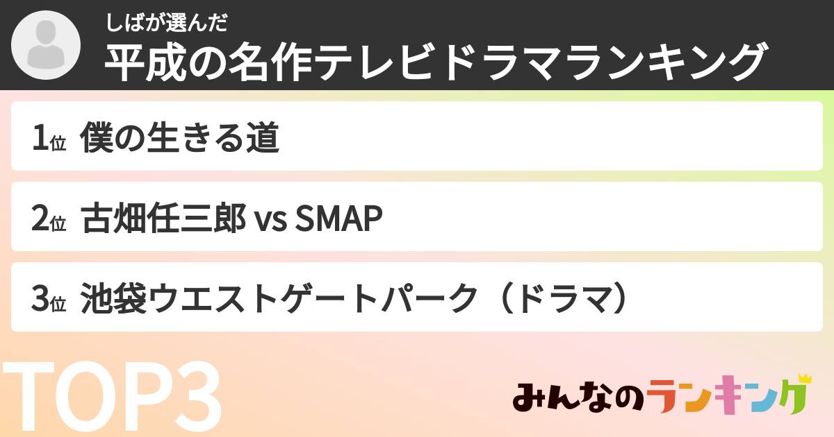 しばさんの「平成の名作テレビドラマランキング」