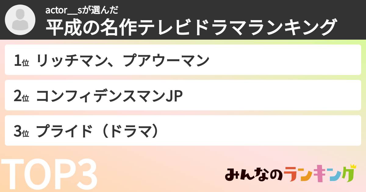 actor__sさんの「平成の名作テレビドラマランキング」