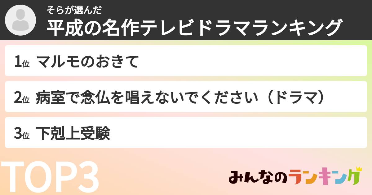 そらさんの「平成の名作テレビドラマランキング」