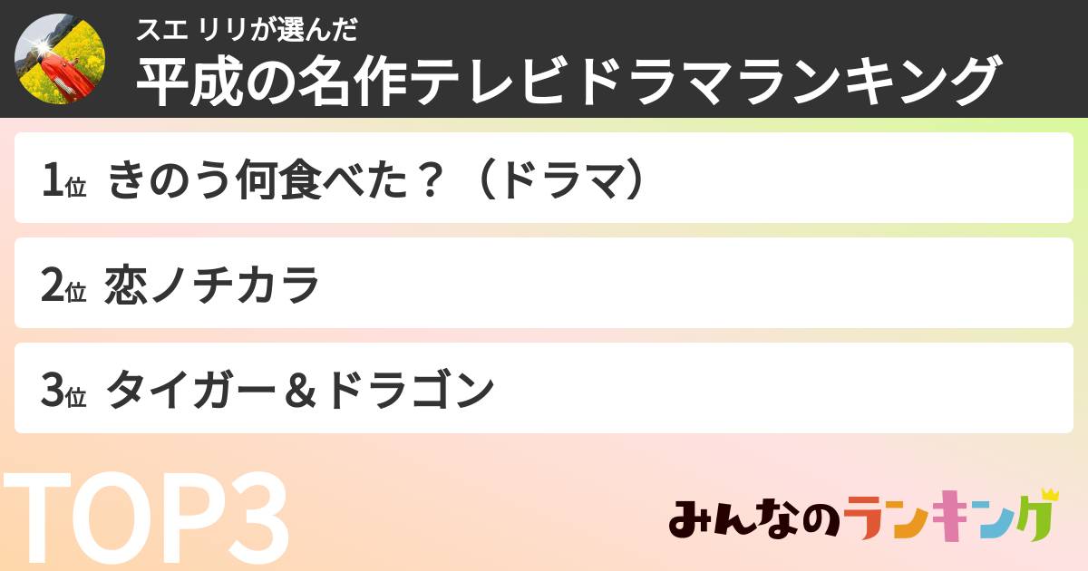 スエ リリさんの「平成の名作テレビドラマランキング」