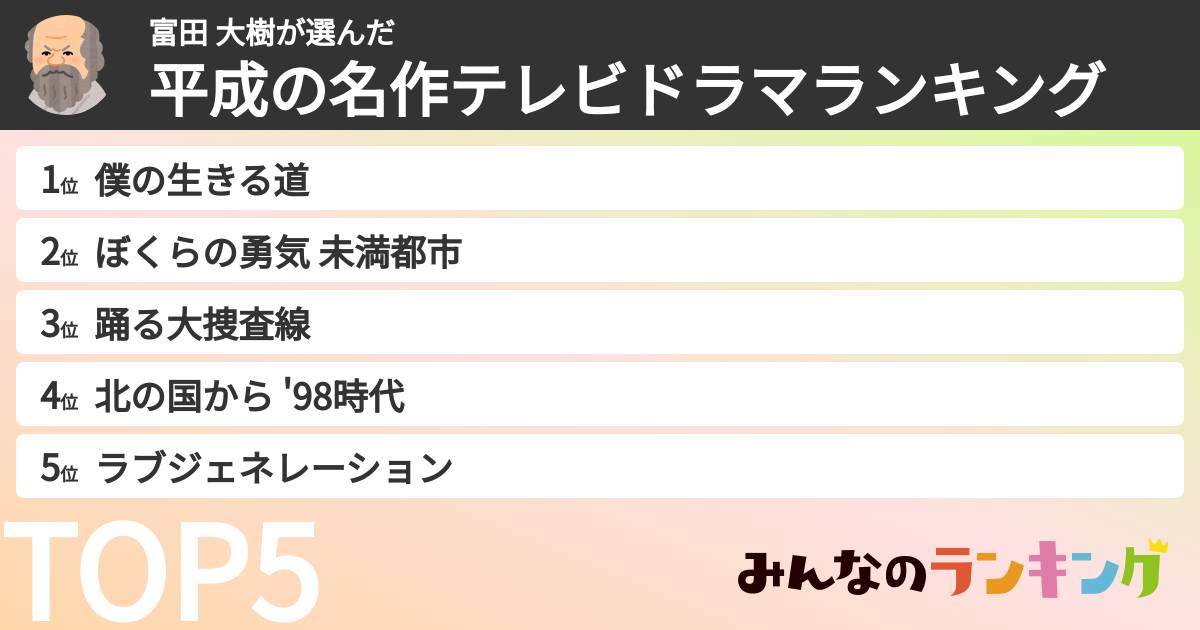 富田 大樹さんの「平成の名作テレビドラマランキング」