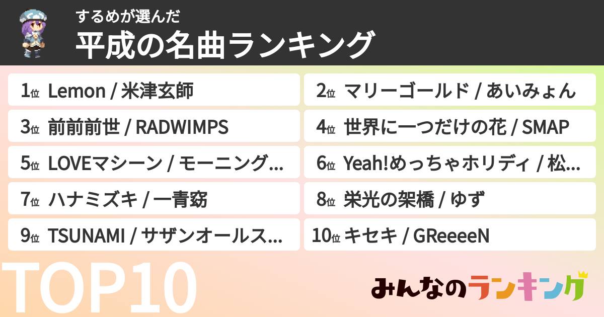 するめさんの「平成の名曲ランキング」