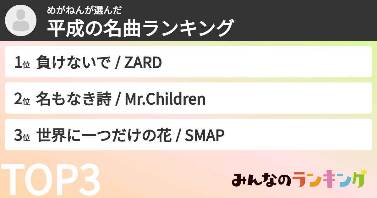 めがねんさんの「平成の名曲ランキング」