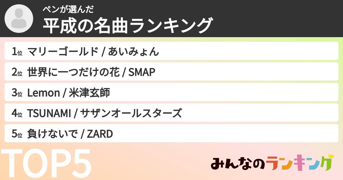 ペンさんの「平成の名曲ランキング」