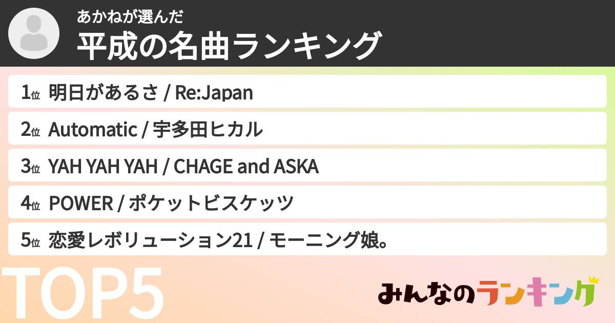 あかねさんの「平成の名曲ランキング」