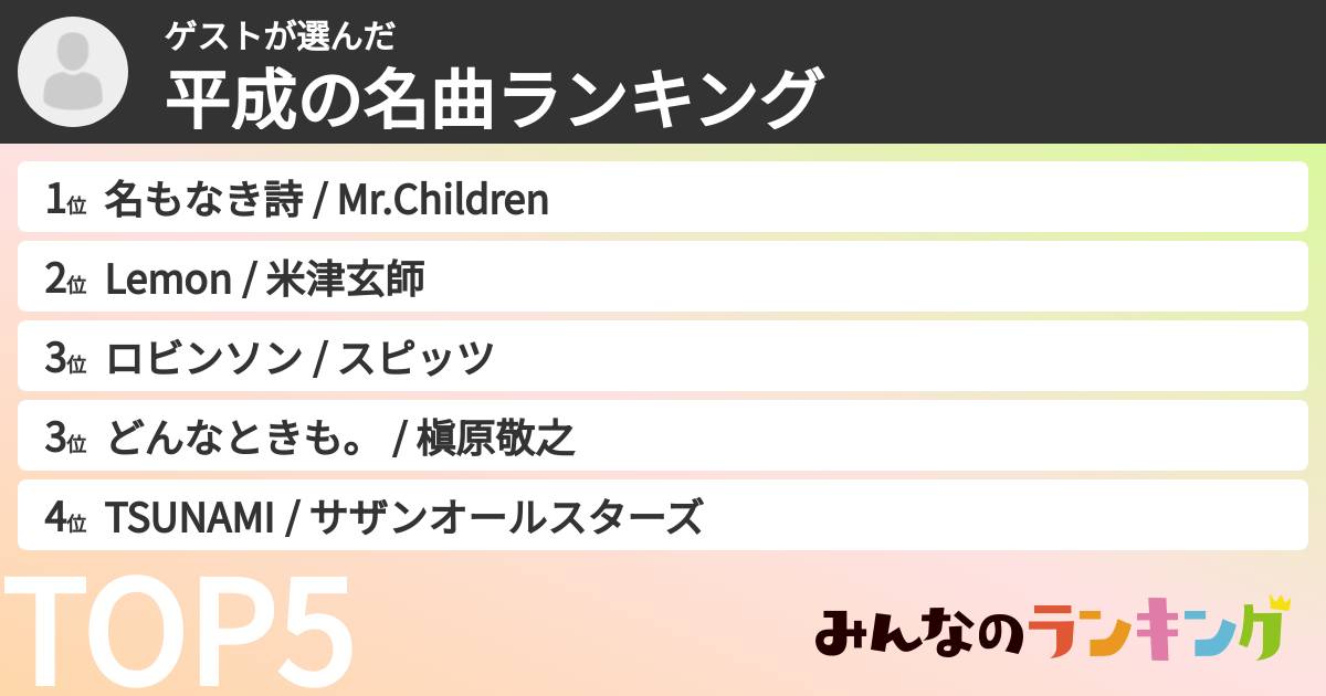 ゲストさんの「平成の名曲ランキング」