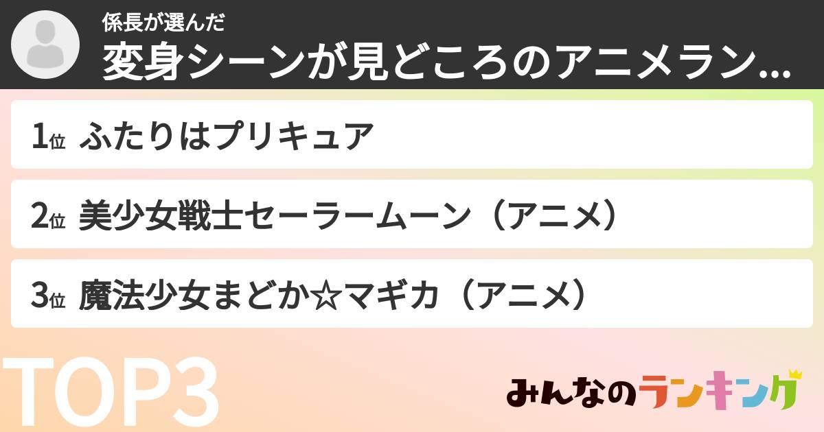係長さんの「変身シーンが見どころのアニメランキング」
