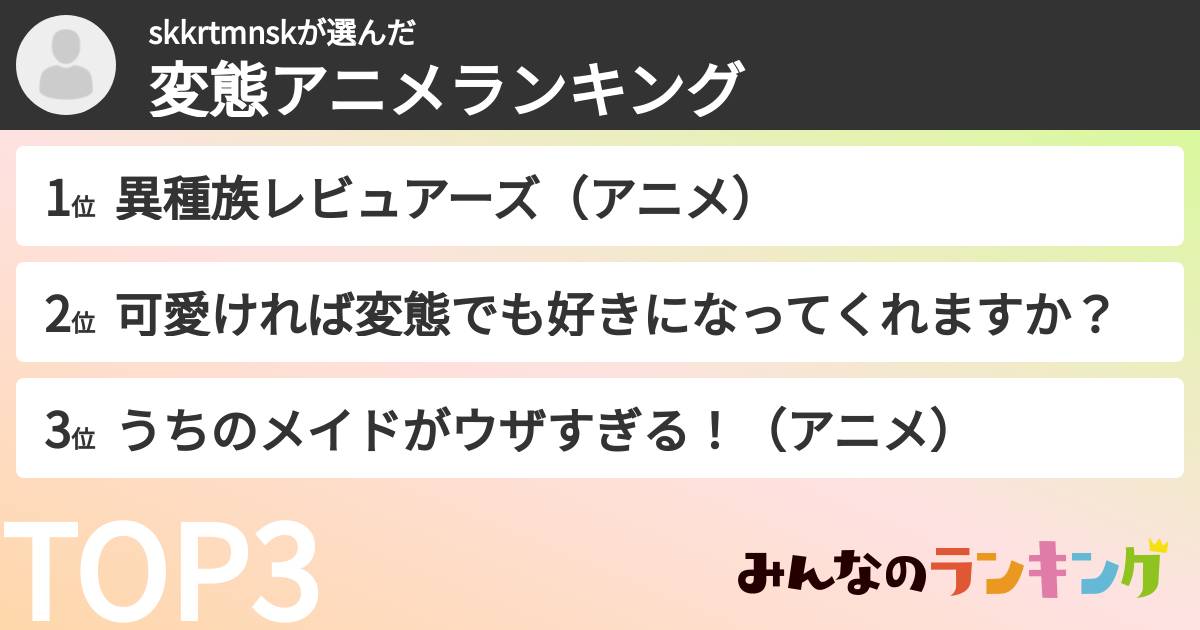 skkrtmnskさんの「変態アニメランキング」