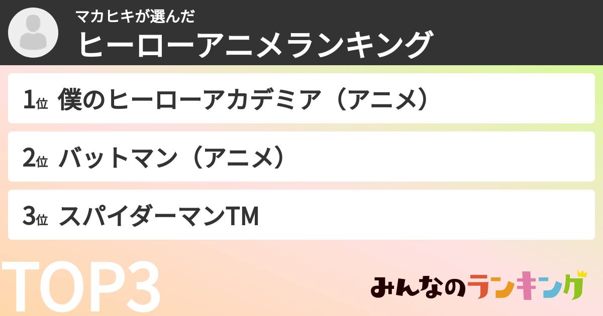 マカヒキさんの「ヒーローアニメランキング」