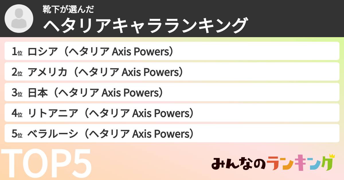 靴下さんの「ヘタリアキャラランキング」