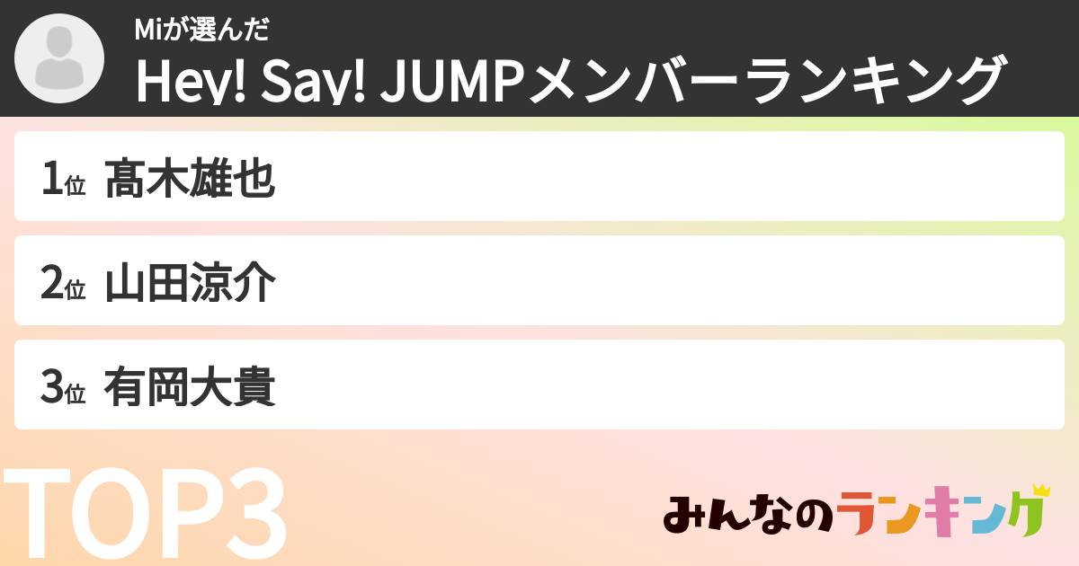 Miさんの「Hey! Say! JUMPメンバーランキング」
