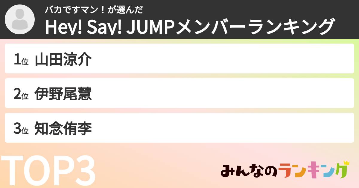 バカですマン！さんの「Hey! Say! JUMPメンバーランキング」