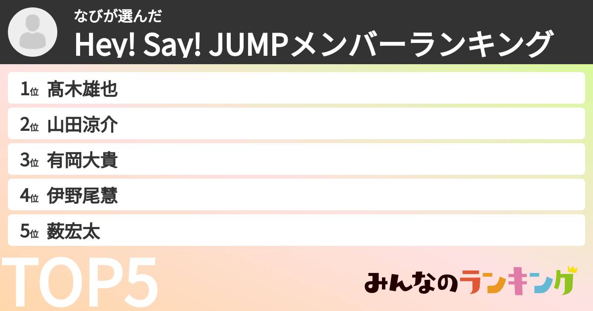 なびさんの「Hey! Say! JUMPメンバーランキング」