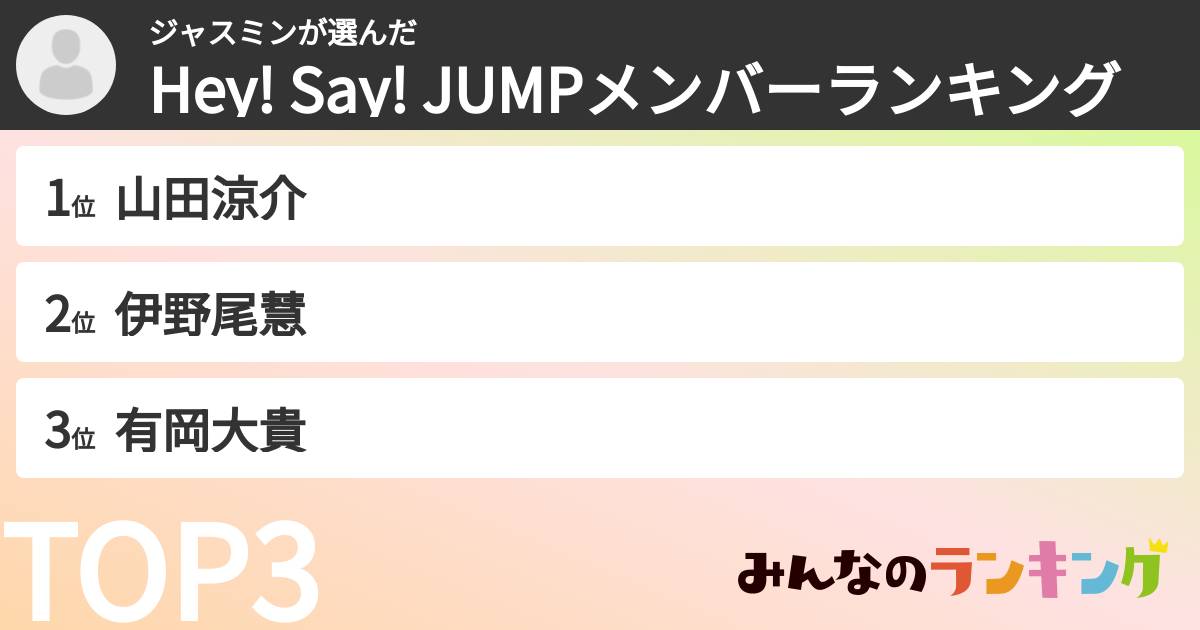ジャスミンさんの「Hey! Say! JUMPメンバーランキング」