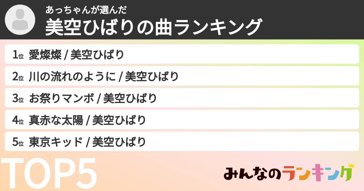 あっちゃんさんの「美空ひばりの曲ランキング」