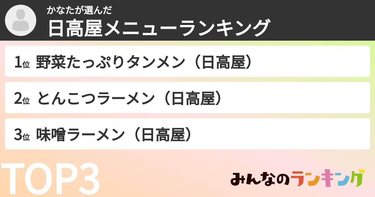 かなたさんの「日高屋メニューランキング」