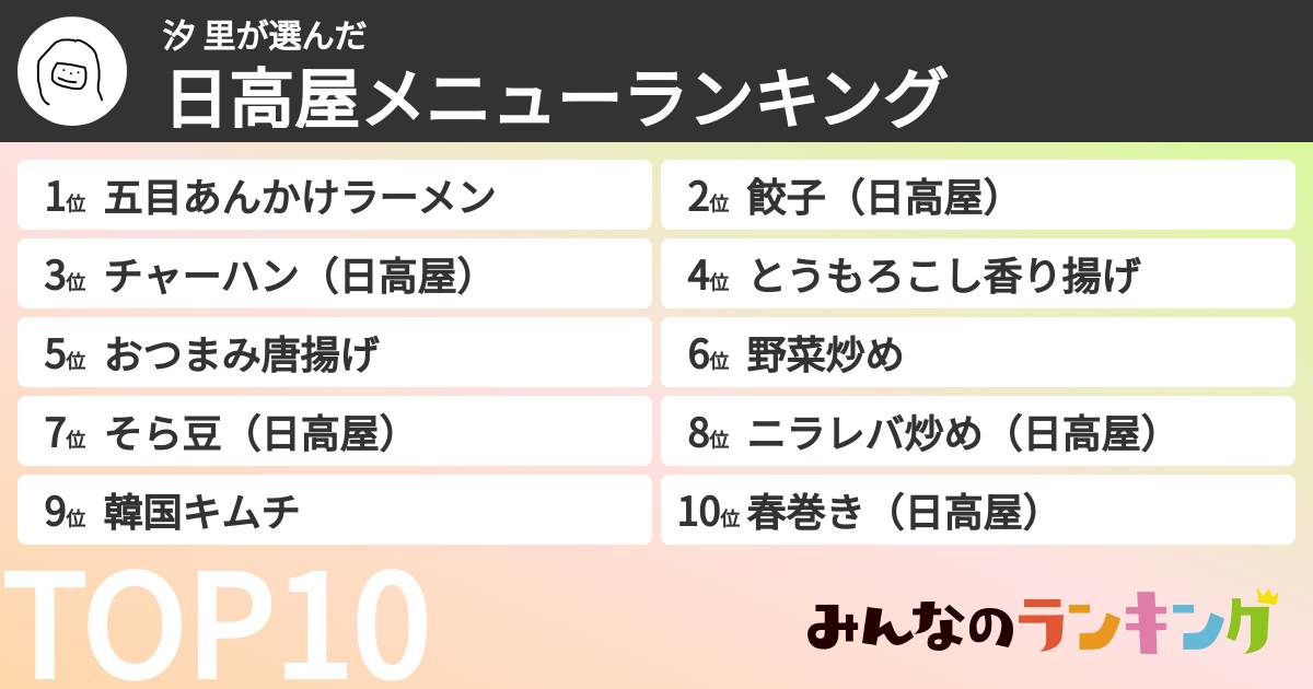 汐 里さんの「日高屋メニューランキング」