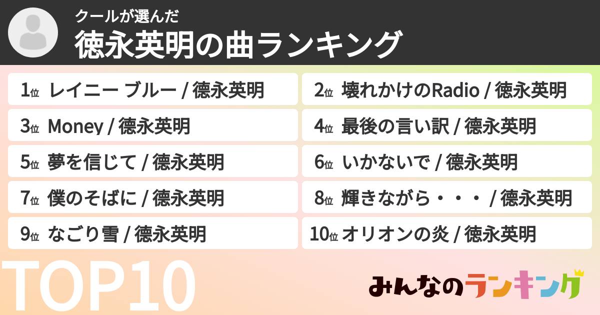 クールさんの「徳永英明の曲ランキング」