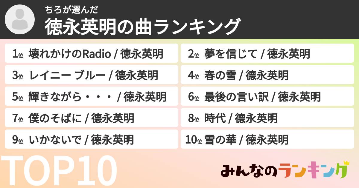 ちろさんの「徳永英明の曲ランキング」