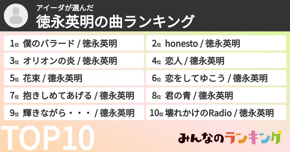 アイーダさんの「徳永英明の曲ランキング」
