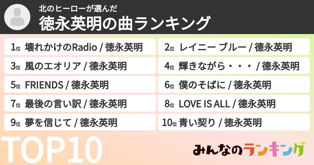 北のヒーローさんの「徳永英明の曲ランキング」