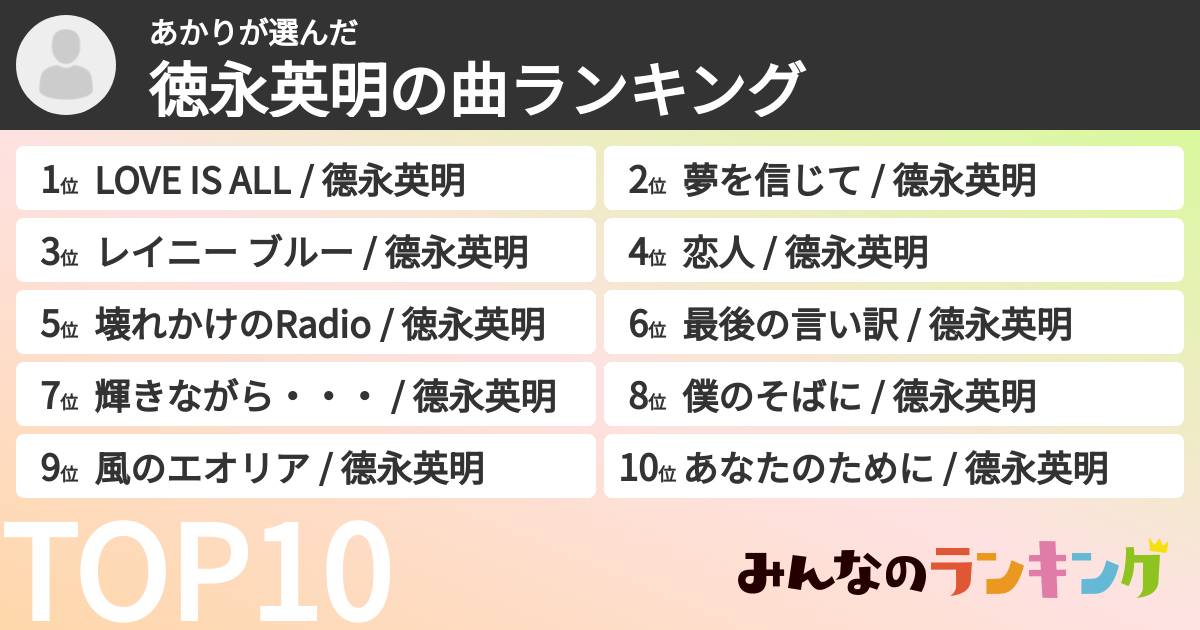 あかりさんの「徳永英明の曲ランキング」