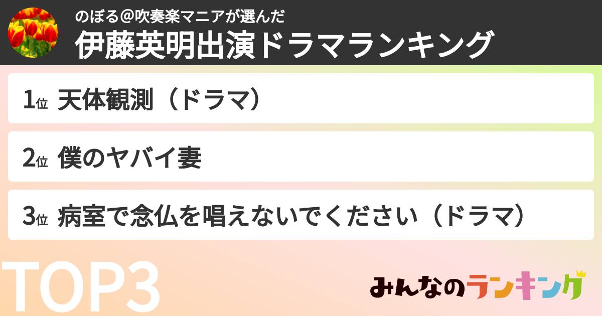 のぼる＠吹奏楽マニアさんの「伊藤英明出演ドラマランキング」