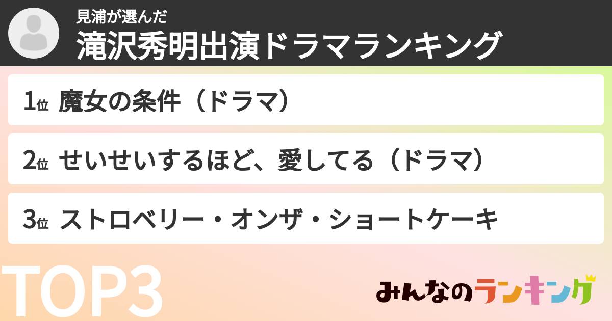 見浦さんの「滝沢秀明出演ドラマランキング」
