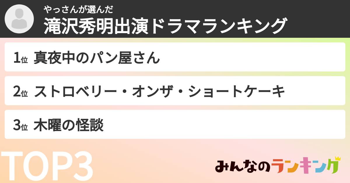 やっさんさんの「滝沢秀明出演ドラマランキング」